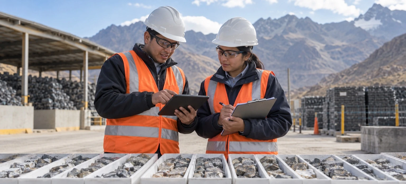 Foto referencial: profesionales verificando registros y muestras minerales para fortalecer la trazabilidad