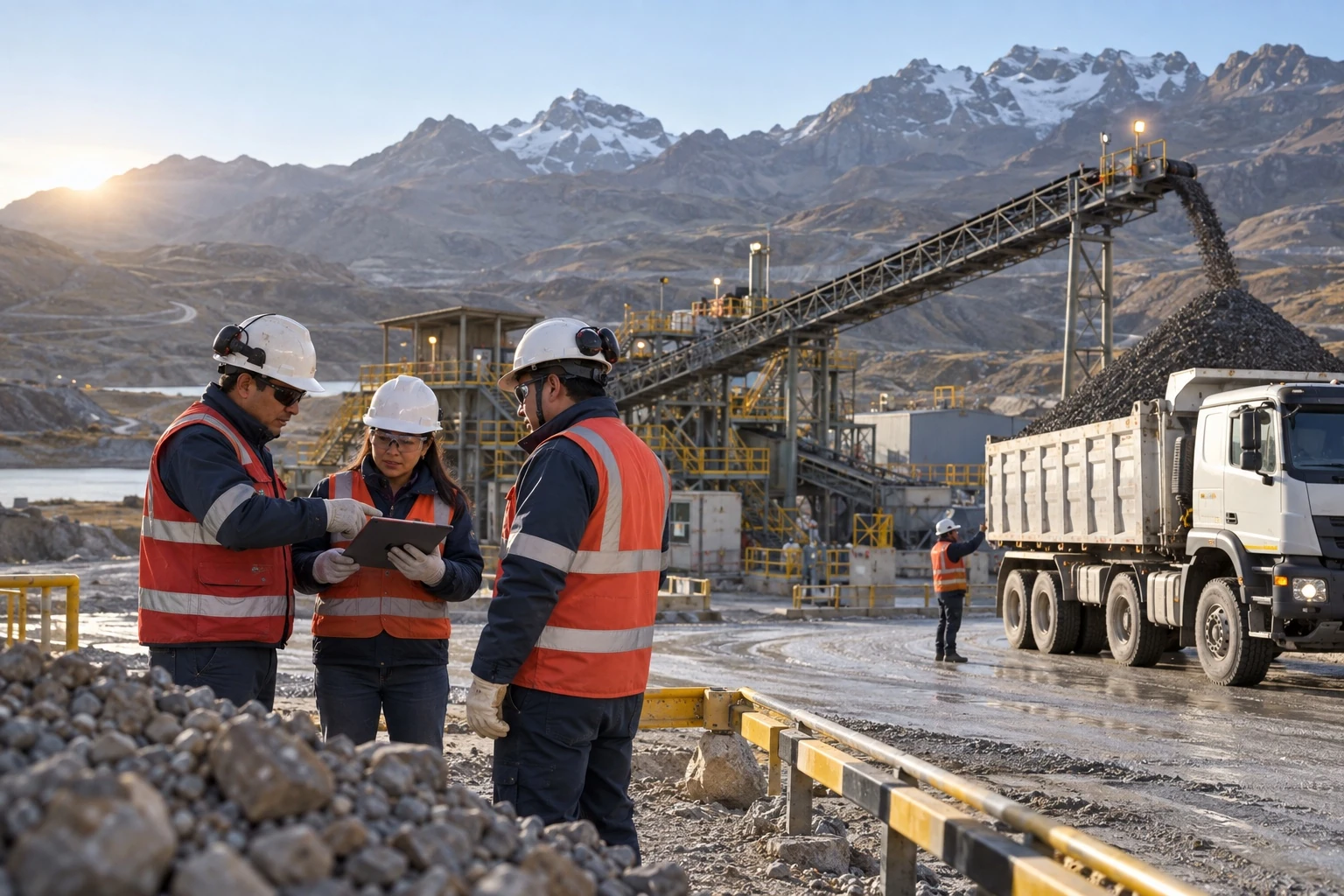 Equipo minero coordinando producción, procesamiento y logística en los Andes peruanos