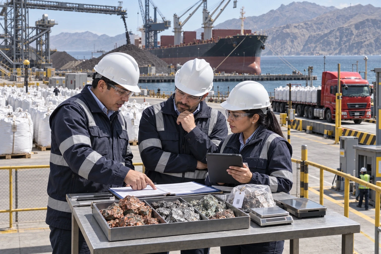 Foto referencial: socios comerciales valorizando lotes minerales y verificando su trazabilidad para mercados internacionales