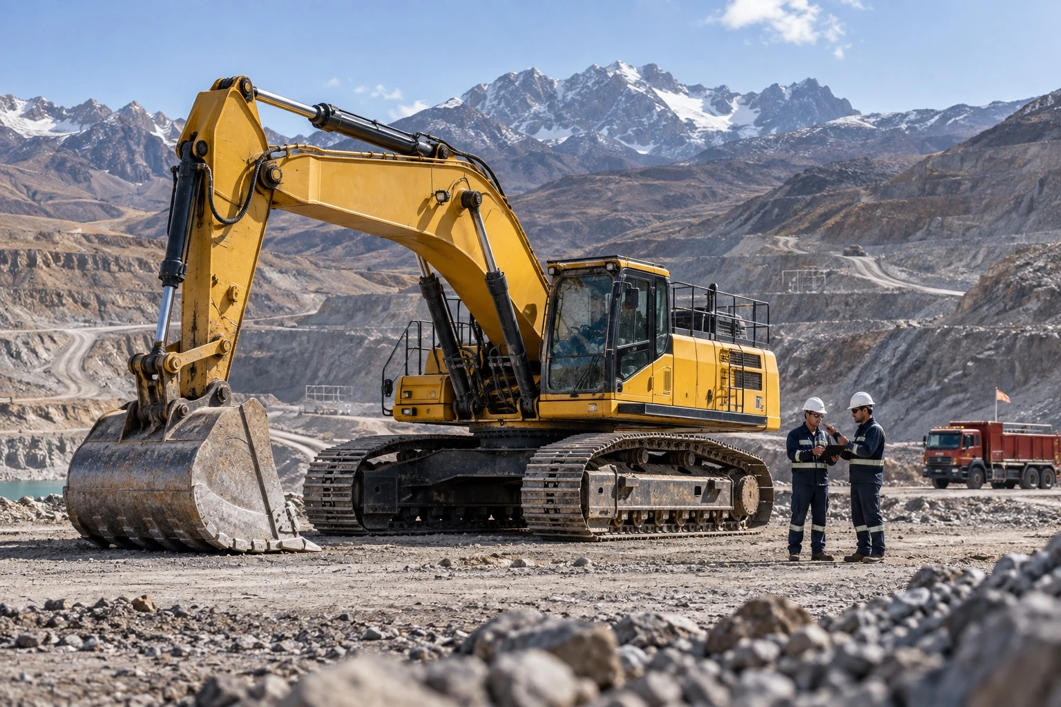Foto referencial: excavadora minera y equipo técnico coordinando soporte operativo en los Andes peruanos